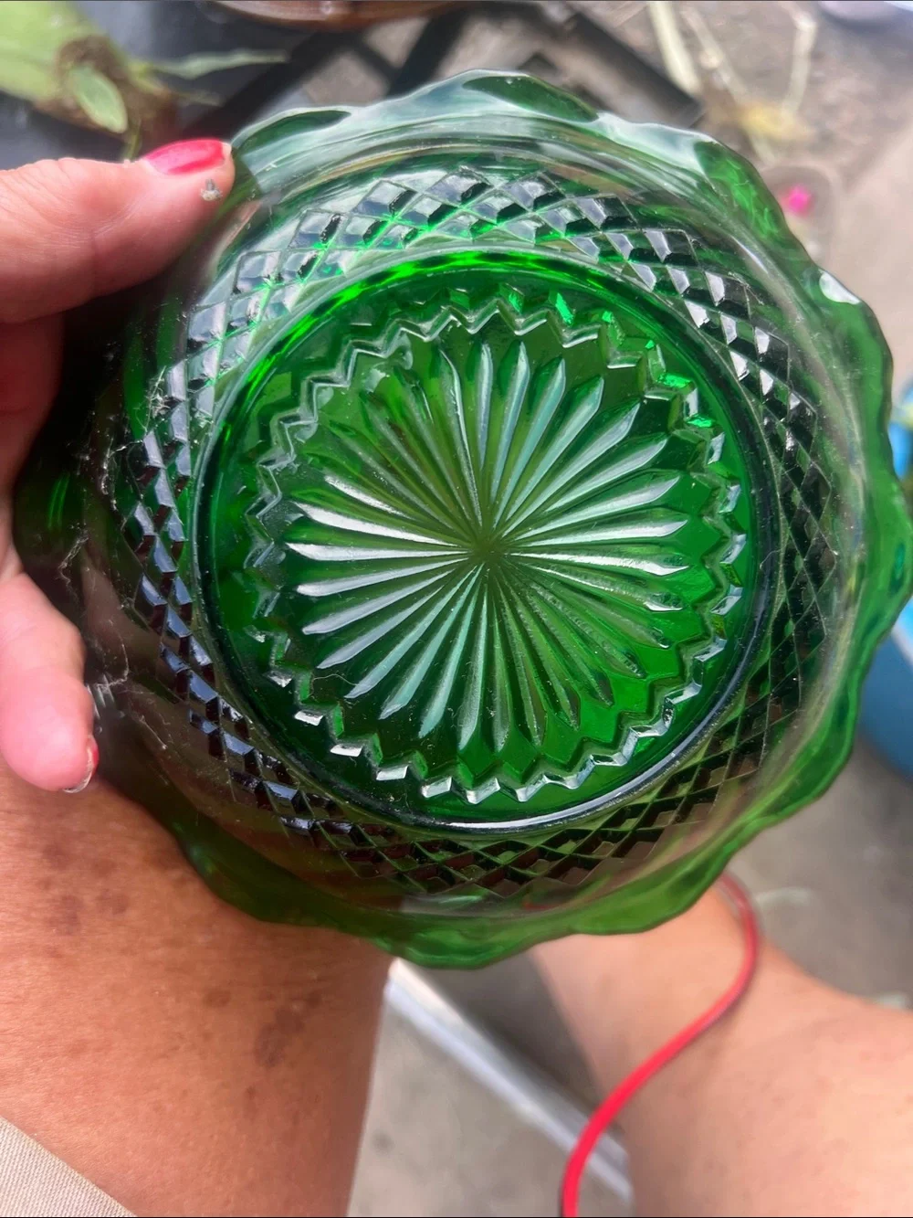 Vintage Green Glass Flower Dish - Decorative Home Accent